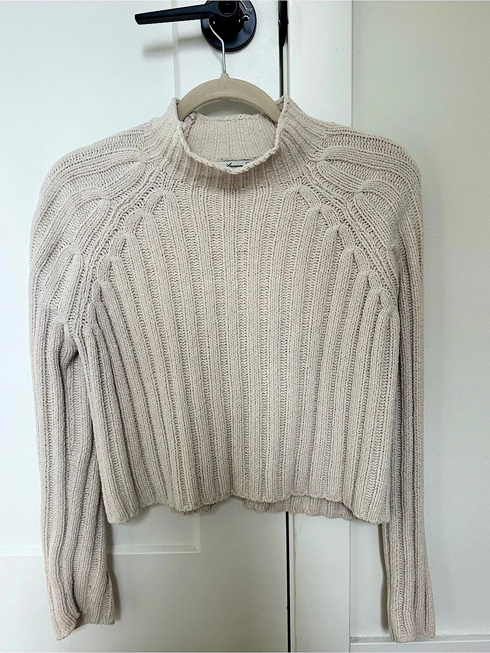 American Eagle Ribbed Chenille Mock Neck Cropped Sweater - Cream - Size S